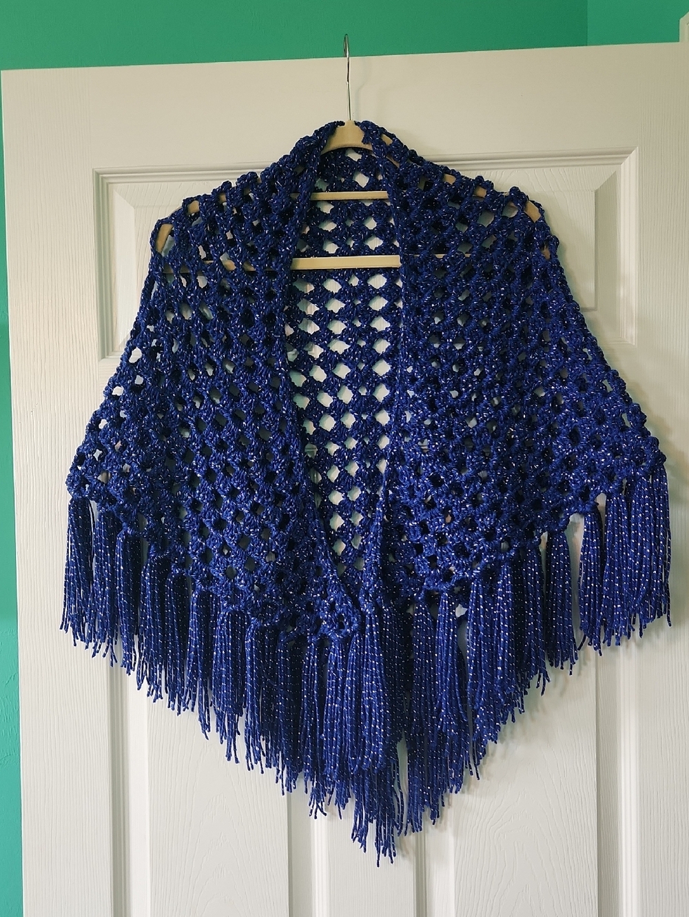 Handmade Crocheted Fringe Shawl - Deep Royal Blue